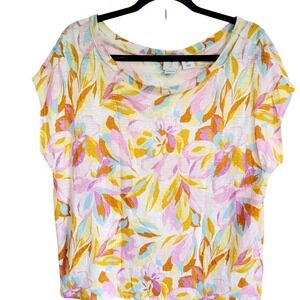 Joie‎ L 100% Linen Multicolor Floral Short Sleeve Top Spring Colors Bright